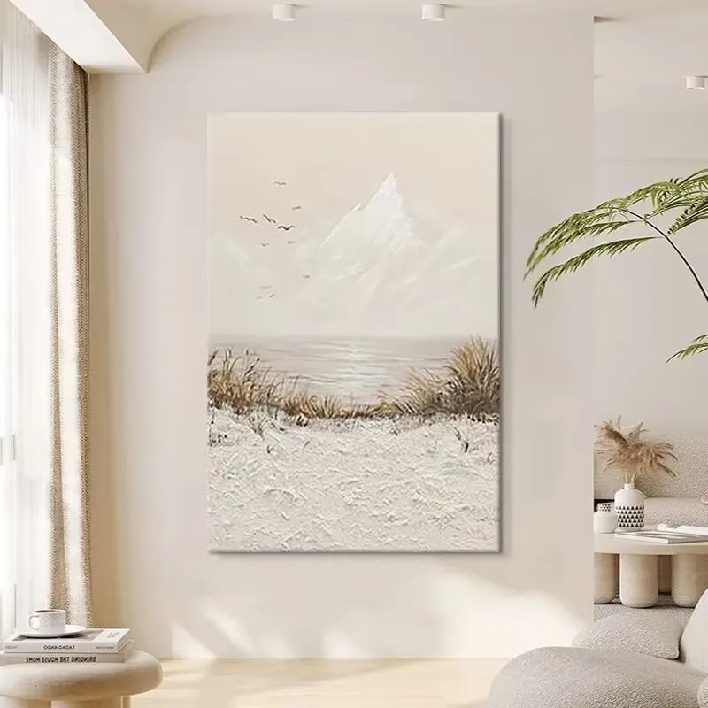 Beach and Distant Mountain Scenery Abstract Hanging Painting Texture Hand Drawn Oil Painting Living Home Decoration Bedroom Sofa