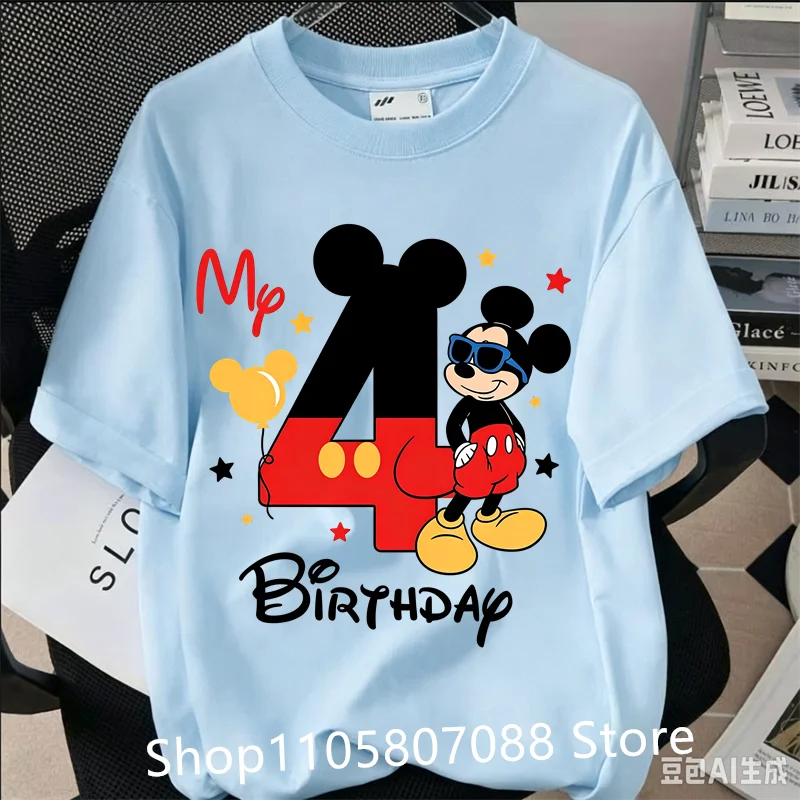 Kids My Birthday T‑Shirt, Cool Mickey Mouse With Sunglasses Birthday 1-9 Graphic Tee Boys Girls Short Sleeve Casual Birthday