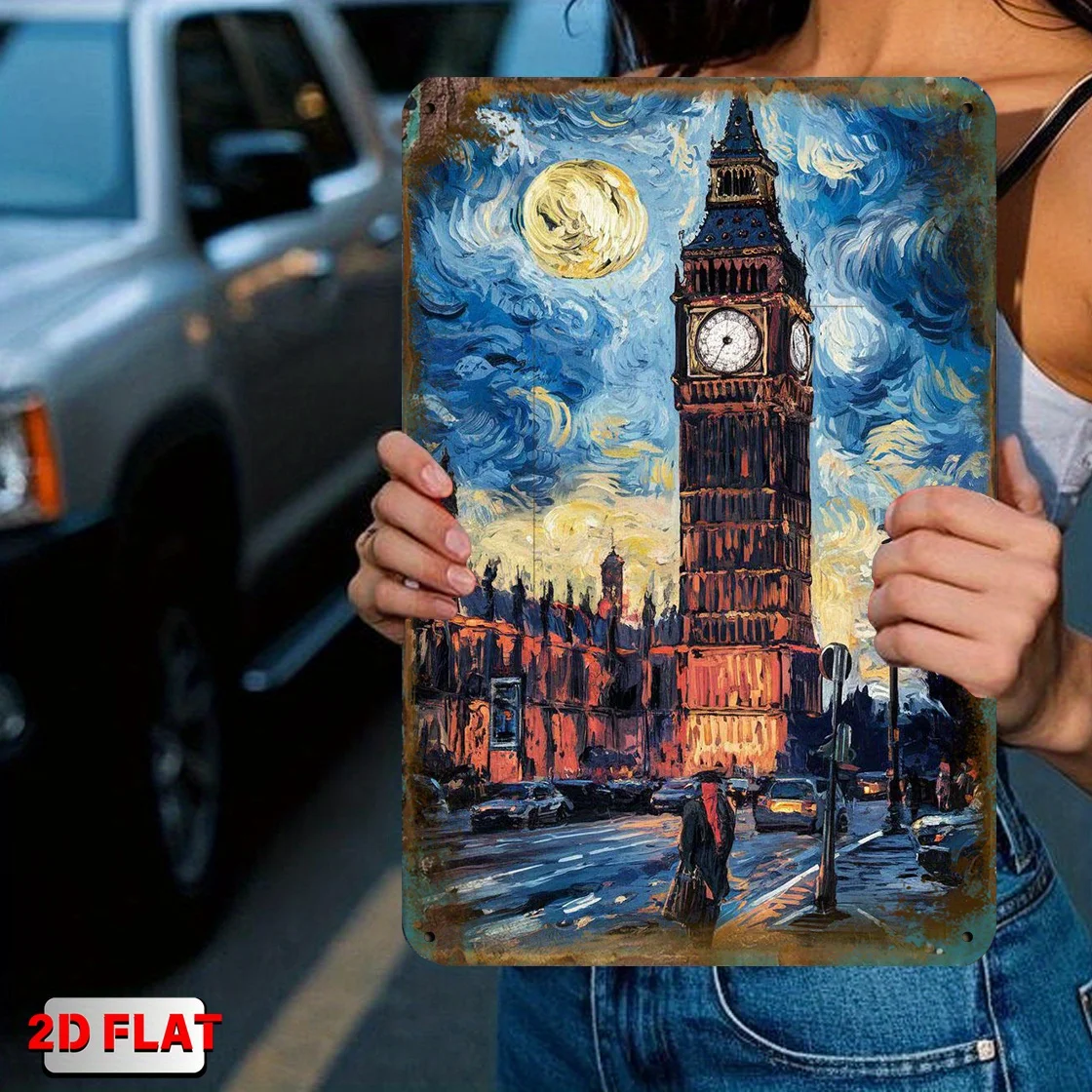 Van Gogh London Moon Metal Wall Art 8x12 pulgadas Retro Big Ben decoración de pared Oficina Café regalo decoración del hogar