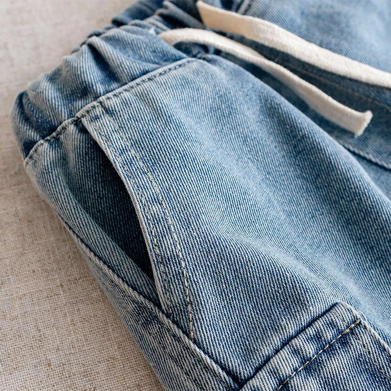 Neue Sommer-Jeans-Shorts für Jungen, modisch, einfarbig, mit Taschen, locker sitzende, dünne Denim-Hosen für 2-10 Jahre alte Kinder, lässige Hosen – Detail 6