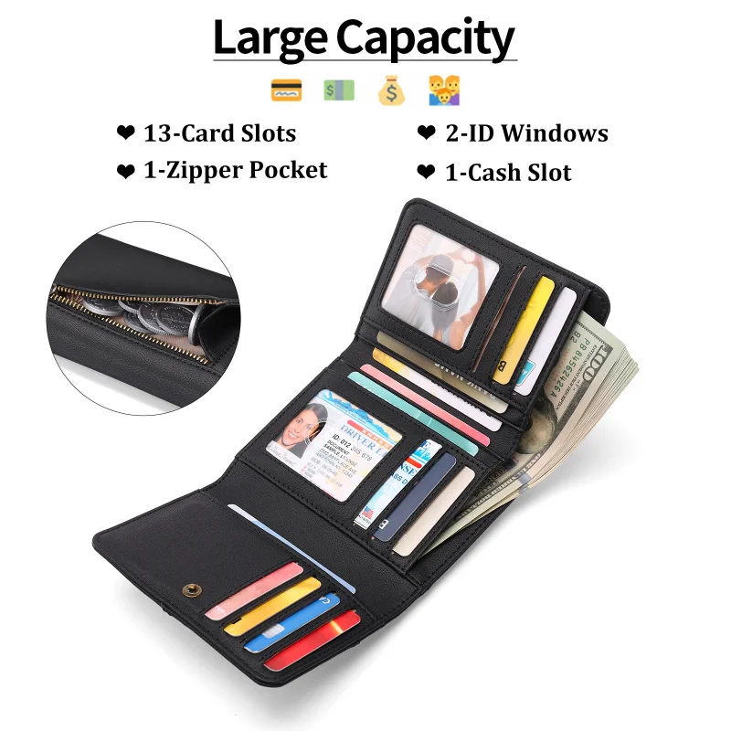 Western Patchwork RFID Blocking Three Floded PU Leather Short Women Wallet Large Capacity Mini Zipper Coin Purse for Ladies