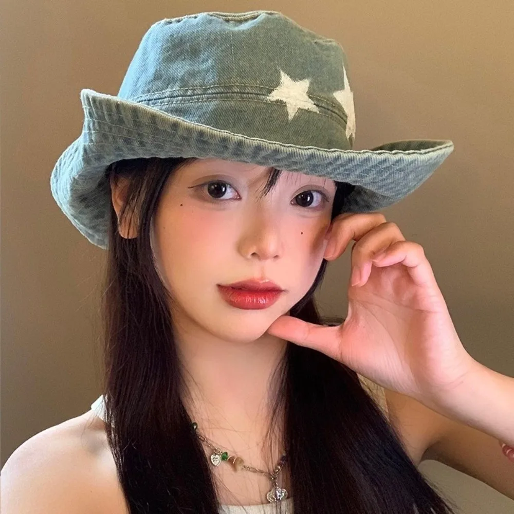 Kawaii الدنيم ستار صياد قبعة واسعة حافة Y2K في الهواء الطلق قبعة الشمس قابل للتعديل ظلة تسلق الجبال قبعة الفتيات