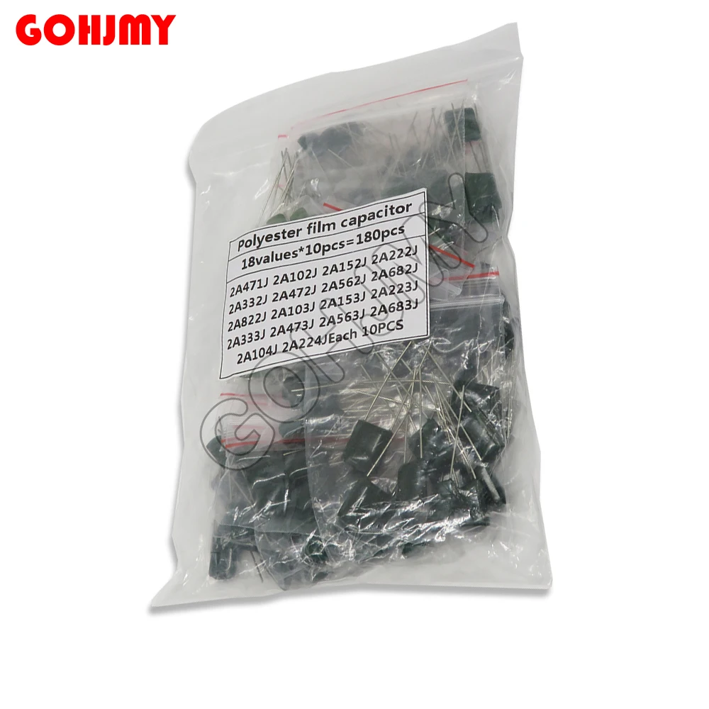 180PCS=18value*10PCS Polyester film capacitor Assorted Kit contains 2A104J 2A223J 2A332J 2A472J 2A103J 2A333J 2A473J 2A563J 