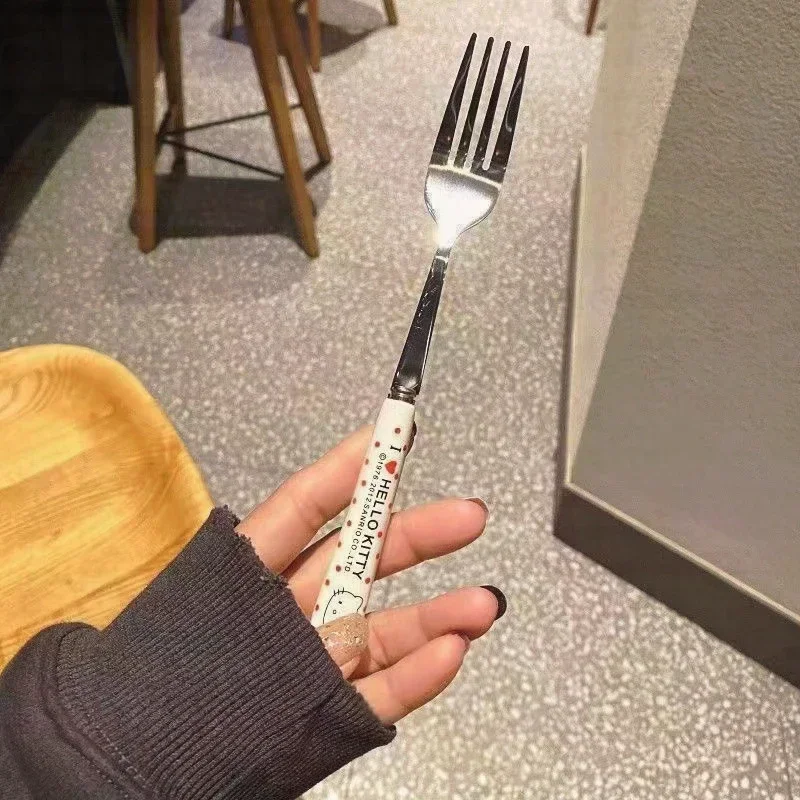 Conjunto de colher pauzinhos de alta aparência, desenho animado, fofo, hello kitty, aço inoxidável, estudante, escritório, trabalhador, talheres portáteis, viagem