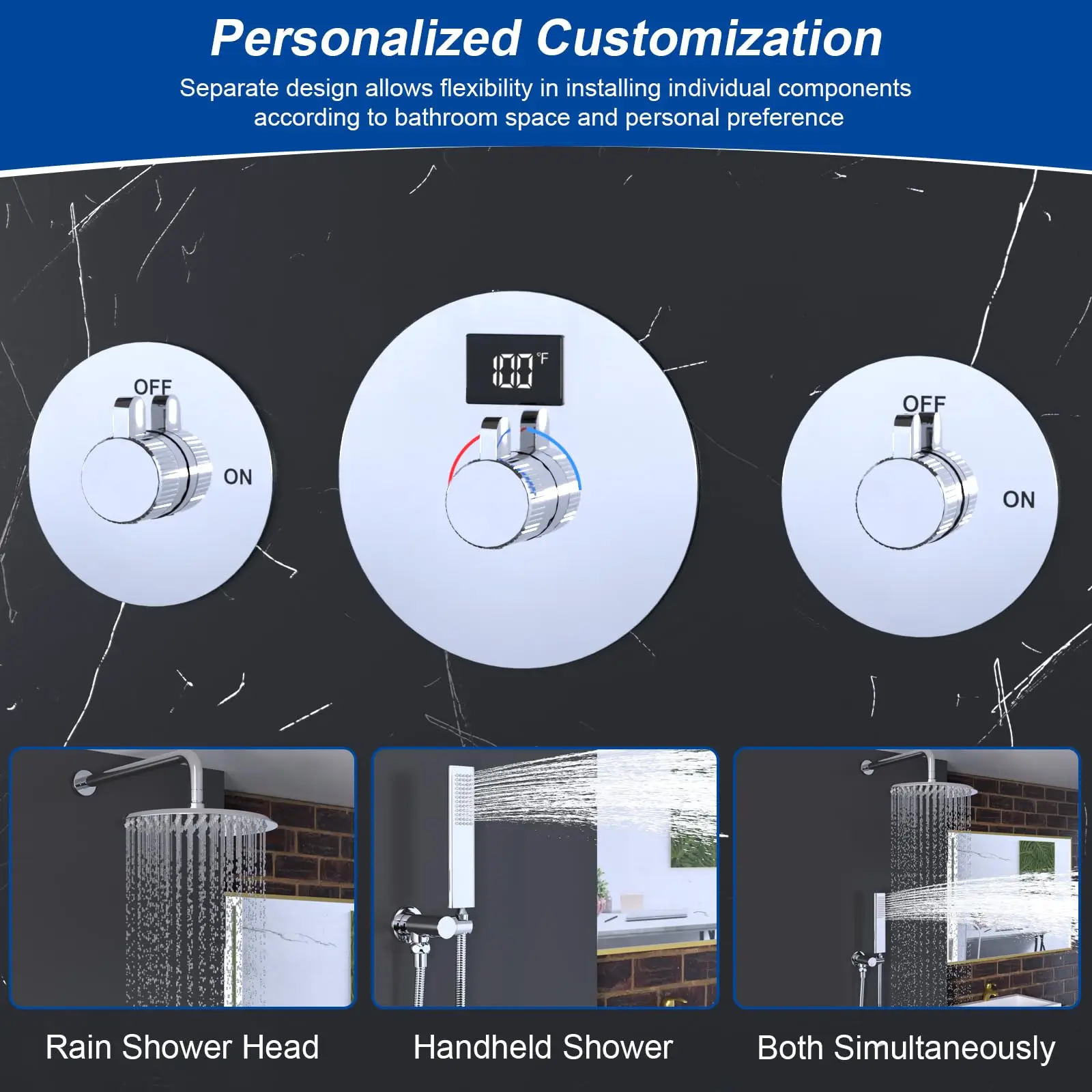 Chrome Shower Mixer Valve With Digital Temperature Display, 2 Way Flow Control Diverter Mixing Valve