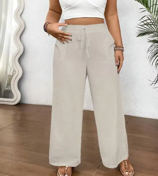 Letnie, luźne spodnie z szerokimi nogawkami w jednolitym kolorze dla kobiet, codzienne spodnie z wysokim stanem, sznurowane, z kieszeniami, w jednolitym kolorze, z szerokimi nogawkami.