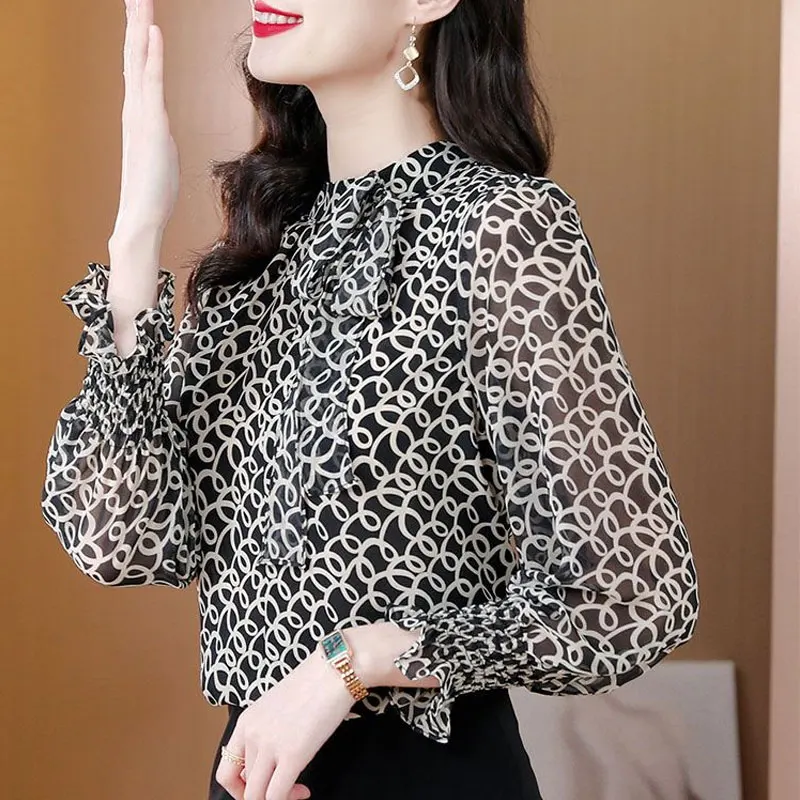 Office Lady Scarf Collar Drawstring Blouse Fashion Wave Cut Printed Elegant Cut Out Spring Autumn Long Sleeve Shirring Shirt New