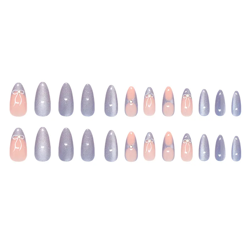 24pcs Milk Blue French Style Press On Nails Glitter Almond Cat's Eye Fake Nails With Bowknots Diamond Decor Charming False Nail