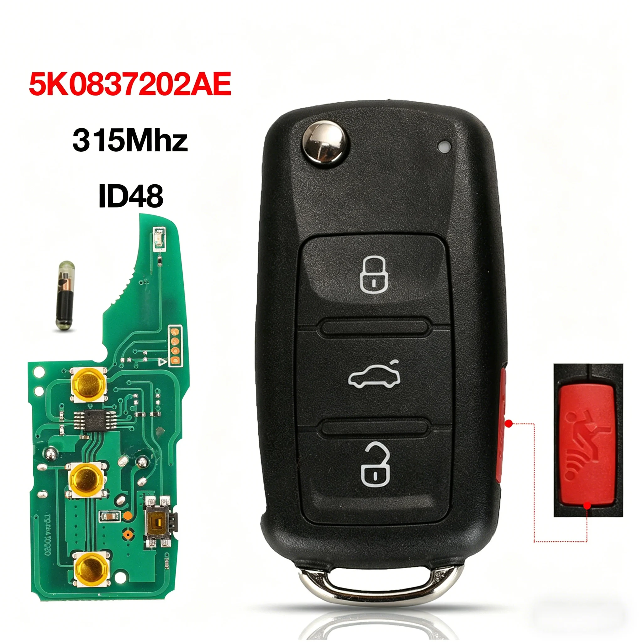 

4-Button Flip Remote Car Key 315MHz ID48 Chip 5K0837202AE NBG010180T For VW Volkswagen Golf Jetta Beetle Tiguan GTI Eos Caddy