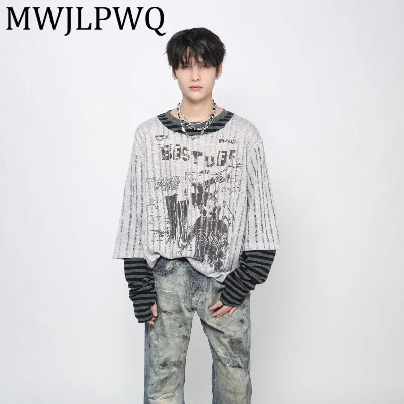 

MWJLPWQ American Style Fake Two-Piece Patchwork Printed T-Shirt For Men Striped Long Sleeve Autumn Trendy Draped Loose Top 21748
