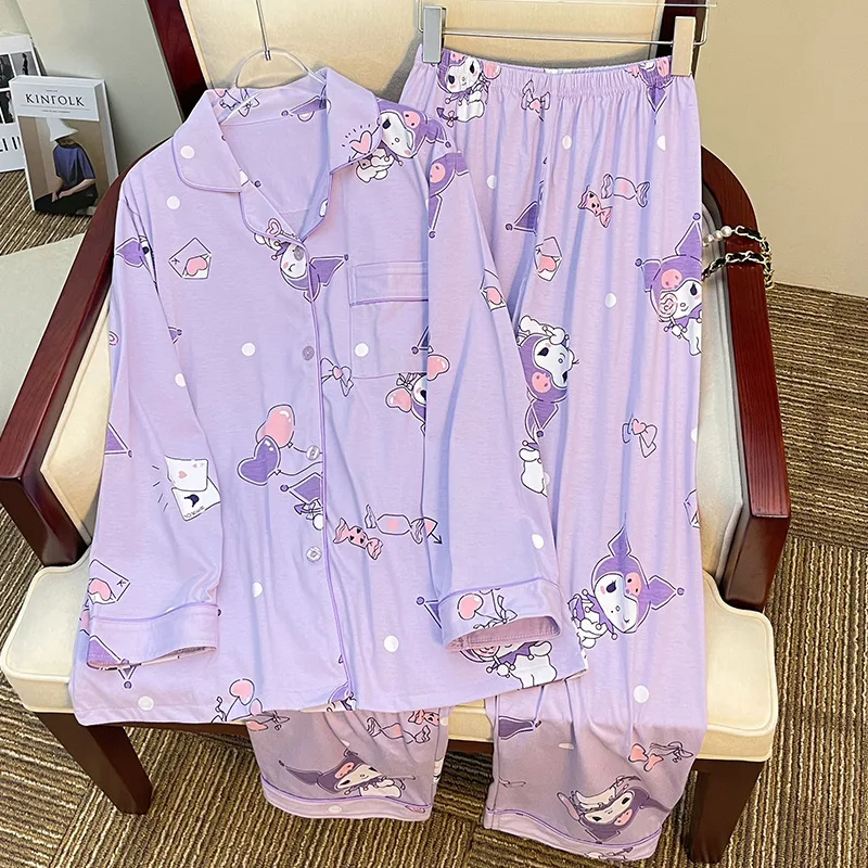 Sanrio Cute Purple Kuromi Pajamas for Women Spring and Autumn Cartoon Home Set Long-sleeved Trousers Can Be Worn Outside