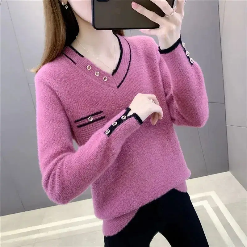 2023 Autumn Winter Women\'s Korean Fashion Plush Thick Chic Knitted Sweater Casual V Neck Long Sleeve Loose Pullover Tops Jumpers