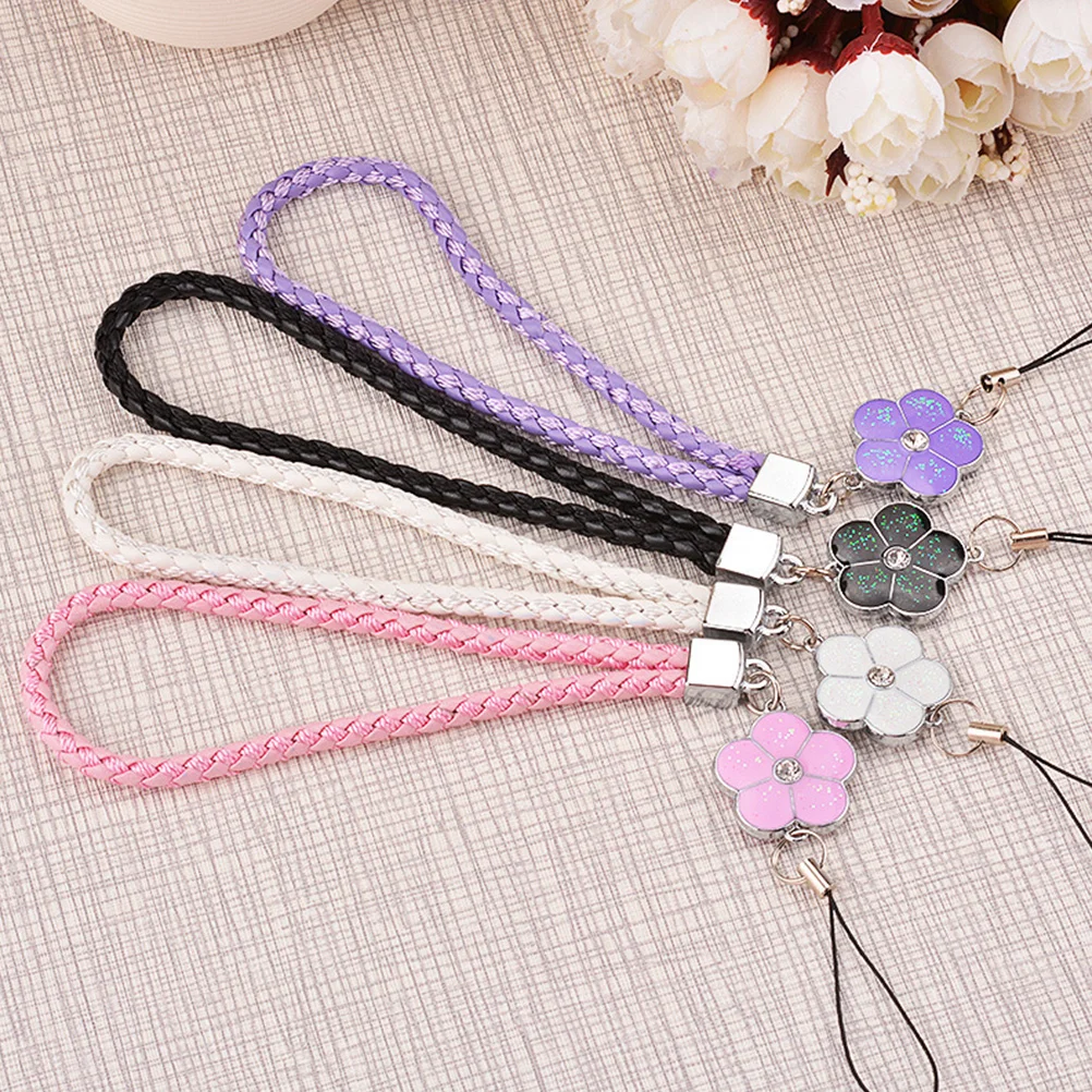 4 Pcs Mobile Phone Ornaments Cellphone Ropes Wrist Bands Work Cards Cover Strap Pu Lanyard Wallet Keychain