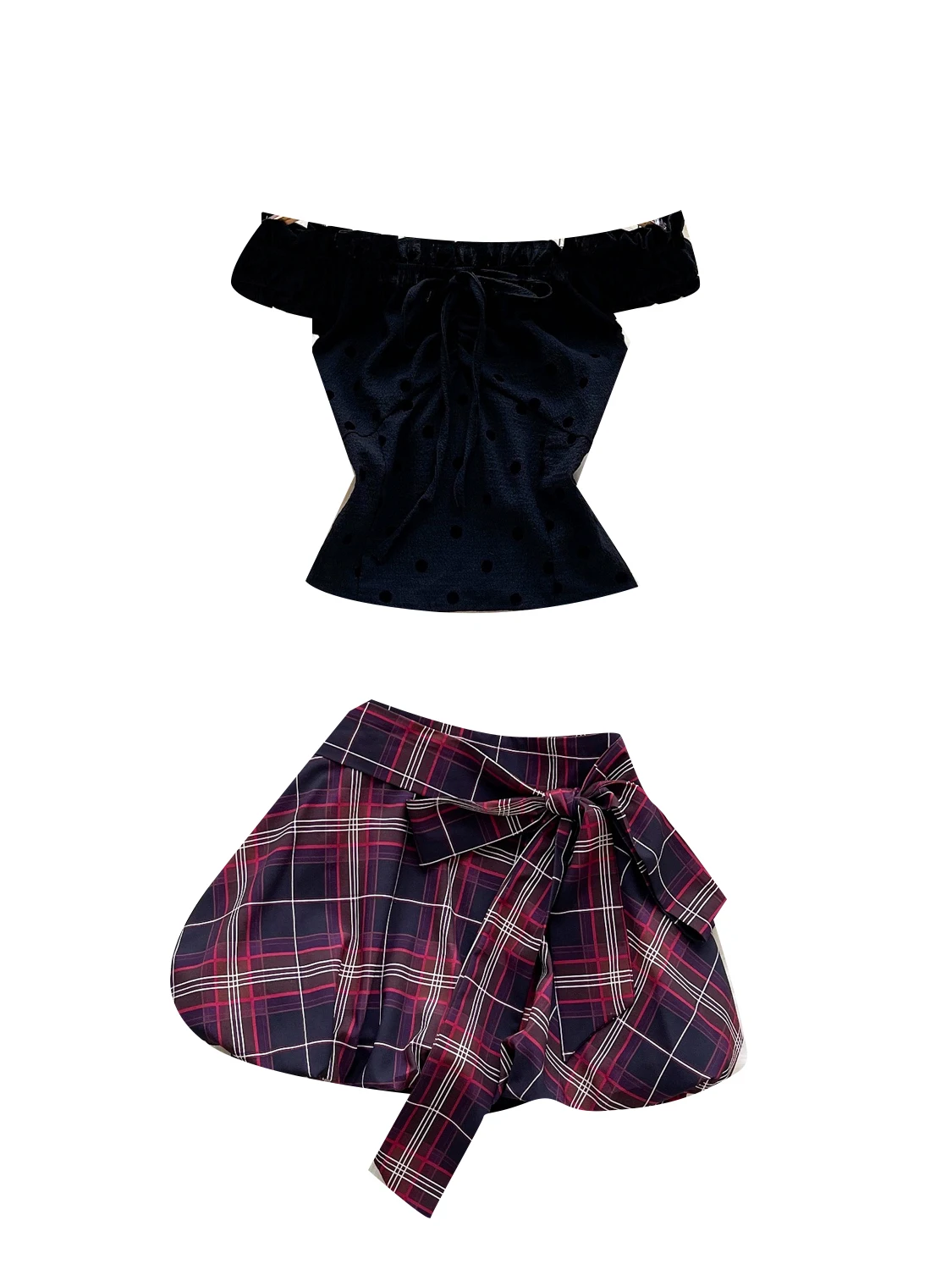 

Sweet Spicy Girl Cheered High Waist Skirt Set Women's Pure Desire One oulder Bow Tie Polka Dot Top Floral Print Pants