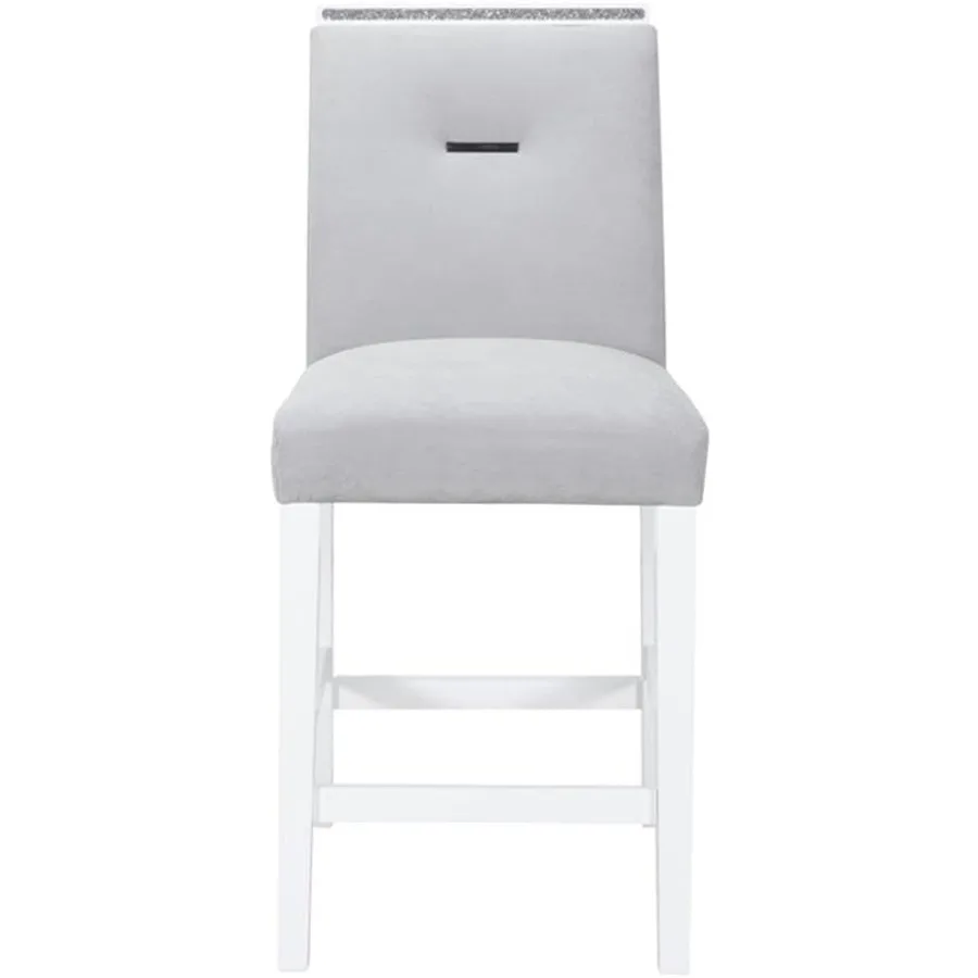 Bar stool set of 2 for home bar use, light gray and white fabric upholstery, soft texture and breathable comfort