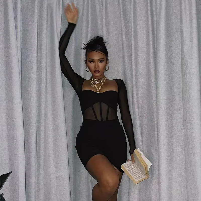 Women's Fashion Solid Color Sheer Mesh Patchwork Tube Top Long Sleeve Bodycon Dress
