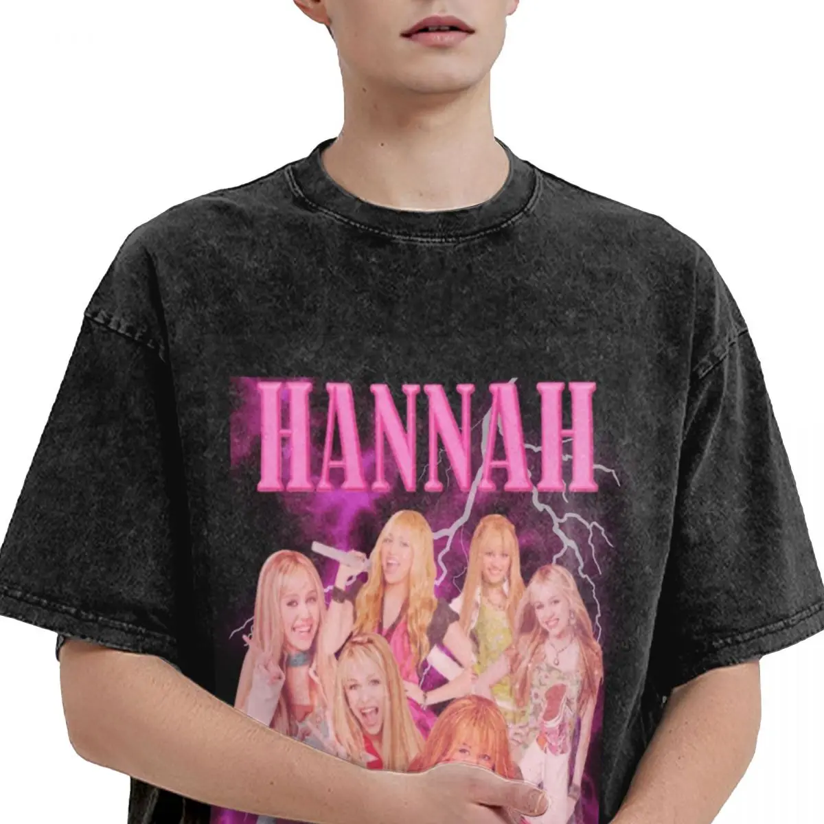 Washed T Shirt Hannah Montana Hip Hop T-Shirts High Street Miley Cyrus Streetwear 100% Cotton Summer Tops Tee Shirt Men Women