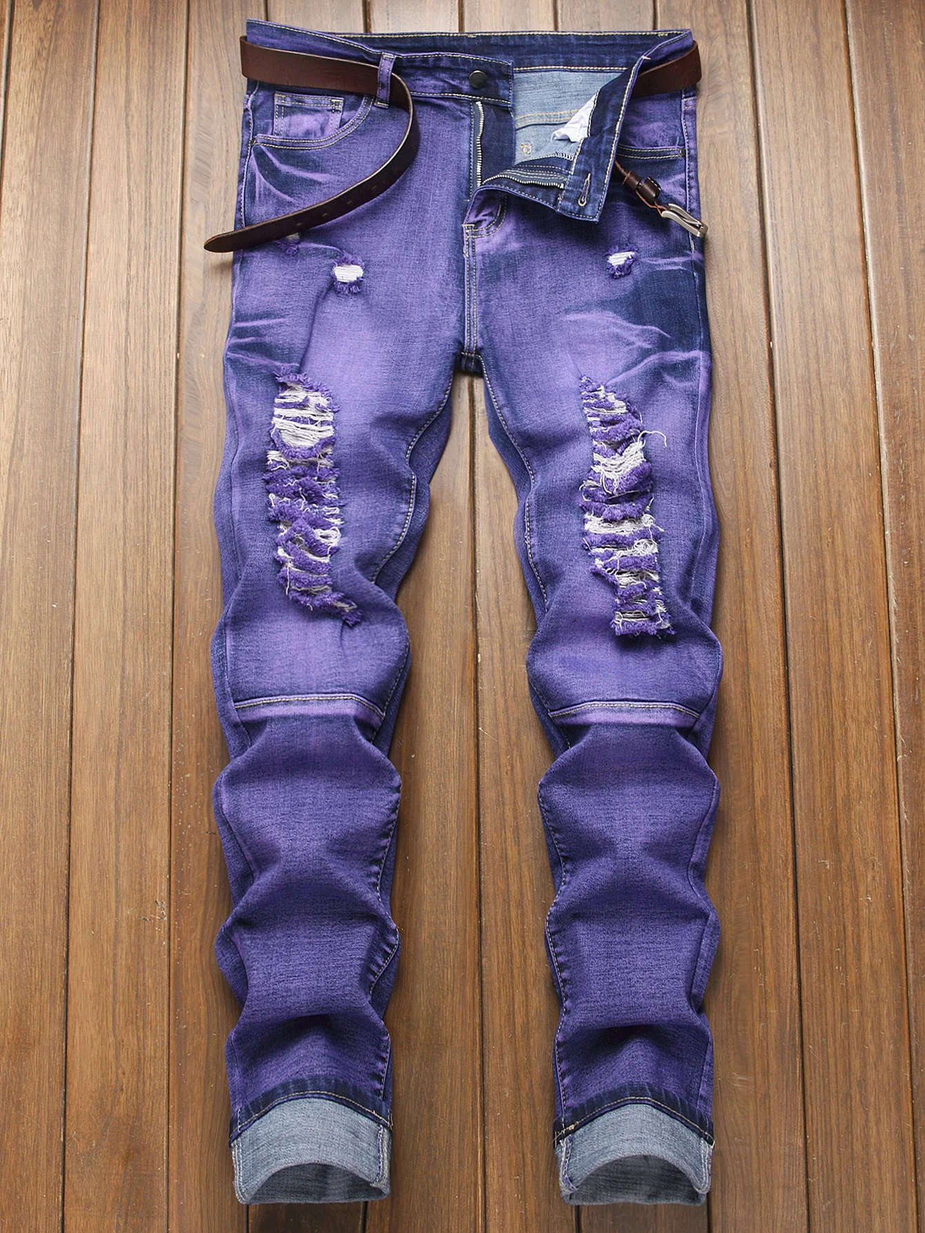 

Эластичные джинсы узкого кроя — мужские потертые и рваные джинсы со средней талией и кисточками для универсальной уличной одежды