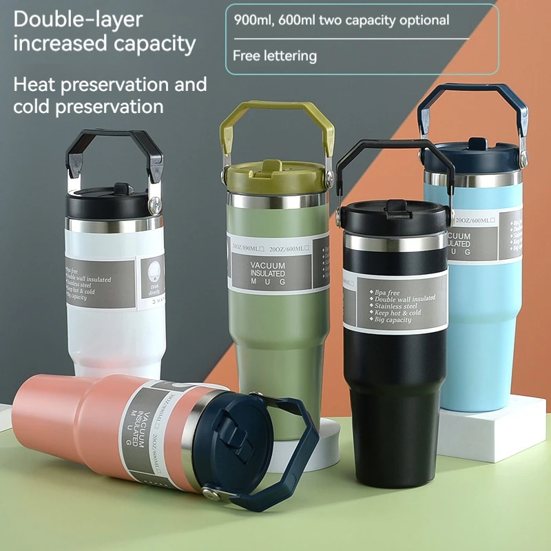 600/890ML Stainless Steel Thermos Mug With Straw Keeps Cold and Heat Thermal Mug  Car Insulated Flask Water Tumbler for Outdoor