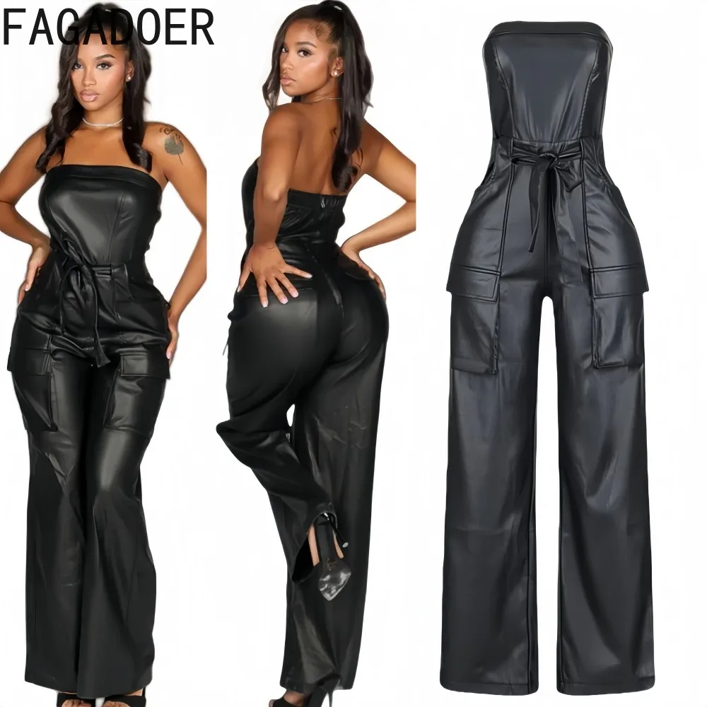 

FAGADOER Y2k Sexy Leather Patchwork Bodycon Jumpsuits for Woman Solid Color Bandage Pocket Rompers Female Streetwear Overalls