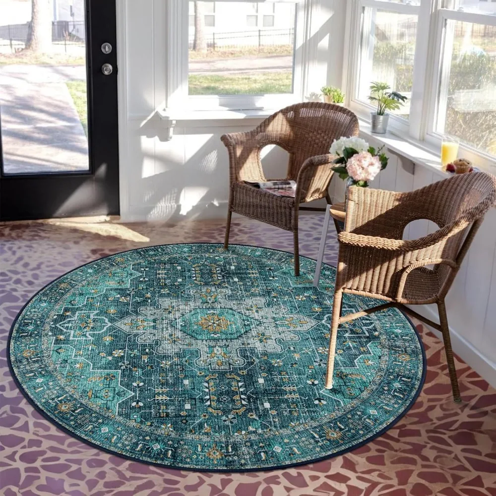 Non‑Slip Distressed Ethnic Motif Circular Floor Mat Traditional Boho Ornament Print for Indoor Household Lounge Space Rug
