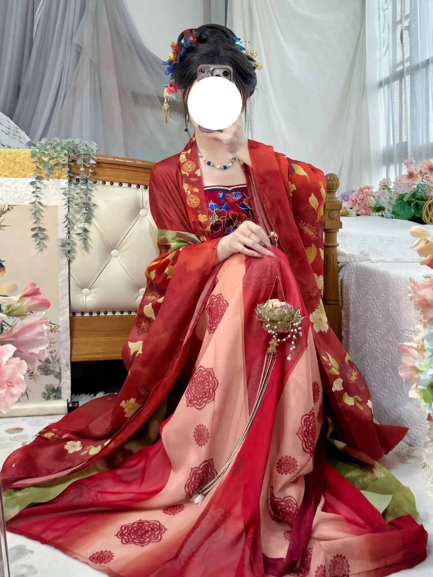 

Women's Tang Dynasty Hanfu Dress Blue&Red Embroidery Traditional Chinese Hanfu Dress Female Halloween Carnival Cosplay Costume