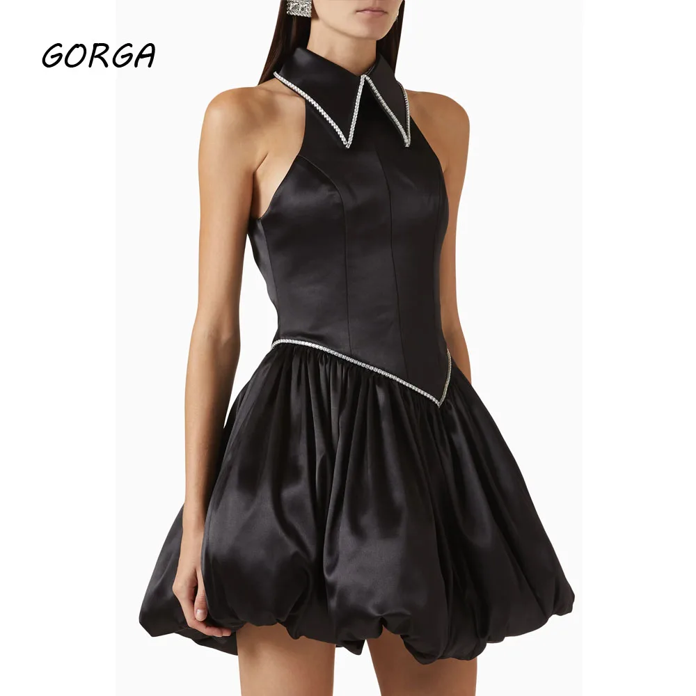 

GORGA Customized Black Knee-Length Satin Evening Dress Beading High Neck Prom Dress Sleeveless 2025 Short A-Line Party Dress
