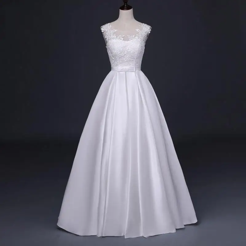 Scoop Neck Simple Satin Wedding Dresses Cheap Elegant Bridal Gowns Lace Appliqued Bride Dress Formal Party Dress Robe De Mariee