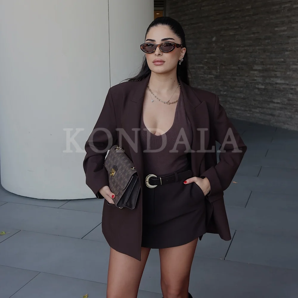 

KONDALA 2025 осень-зима уличная одежда женские коричневые костюмы модные элегантные офисные женские однотонные пиджаки шикарные женские юбки с поясом шорты