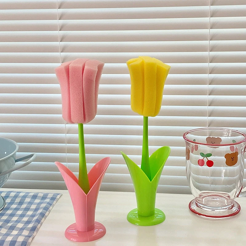 Tulips Sponge Cup Brush With Base Long Handle Water Bottle Cleaner Brush For Mug/Feeding Bottle/Thermos Bottle/Therma Mug