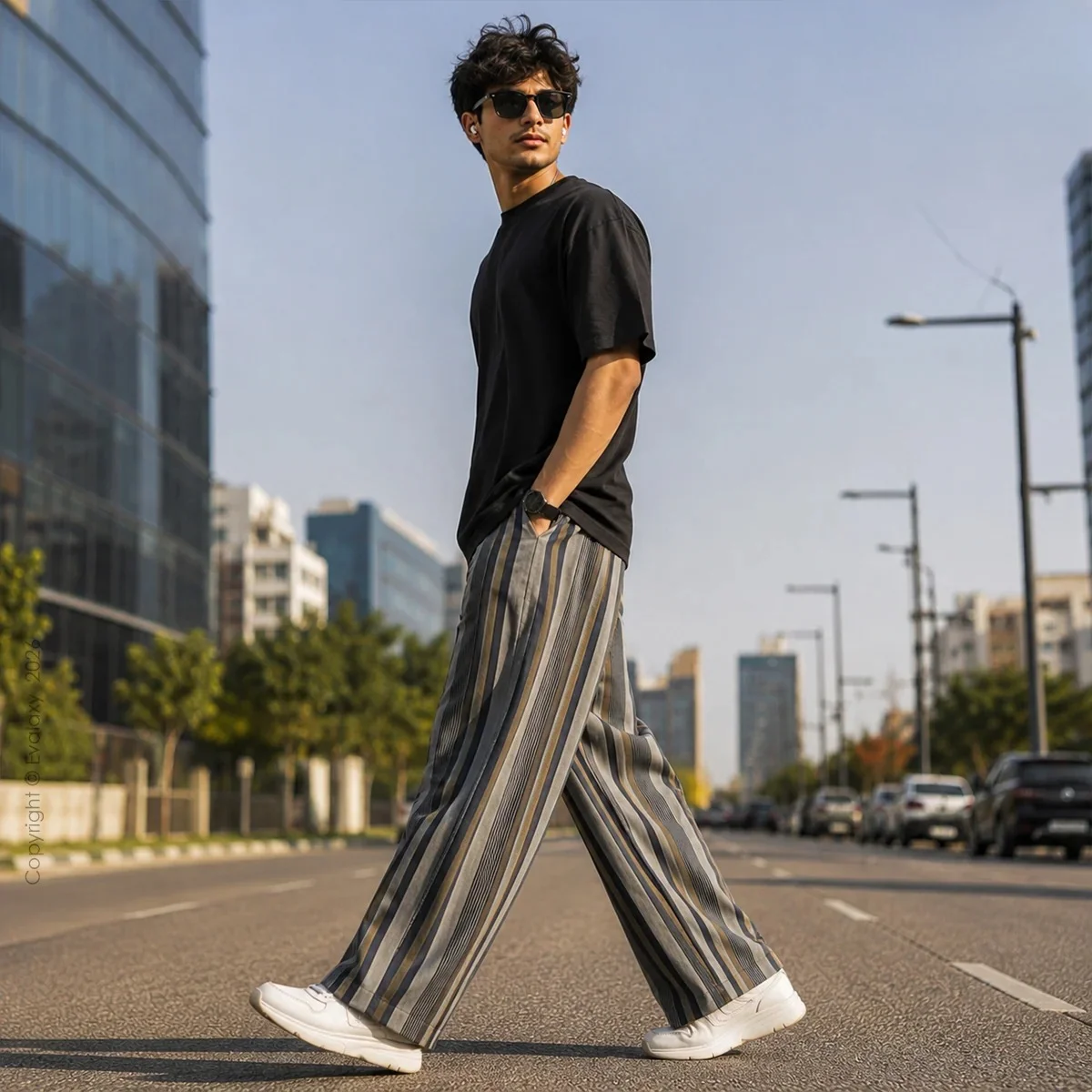 Vintage Brown Grey Fine Stripe Trendy Casual Long Pants,Cool Soft Skin Friendly Touch Adults Kids Harbor Sunset Sightseeing Tour
