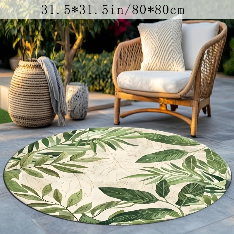 Green Leaf Round Rug Flannel Soft Non Slip Floor Mat Botanical Decor for Living Room Bedroom Outdoor Patio Garden Conservatory