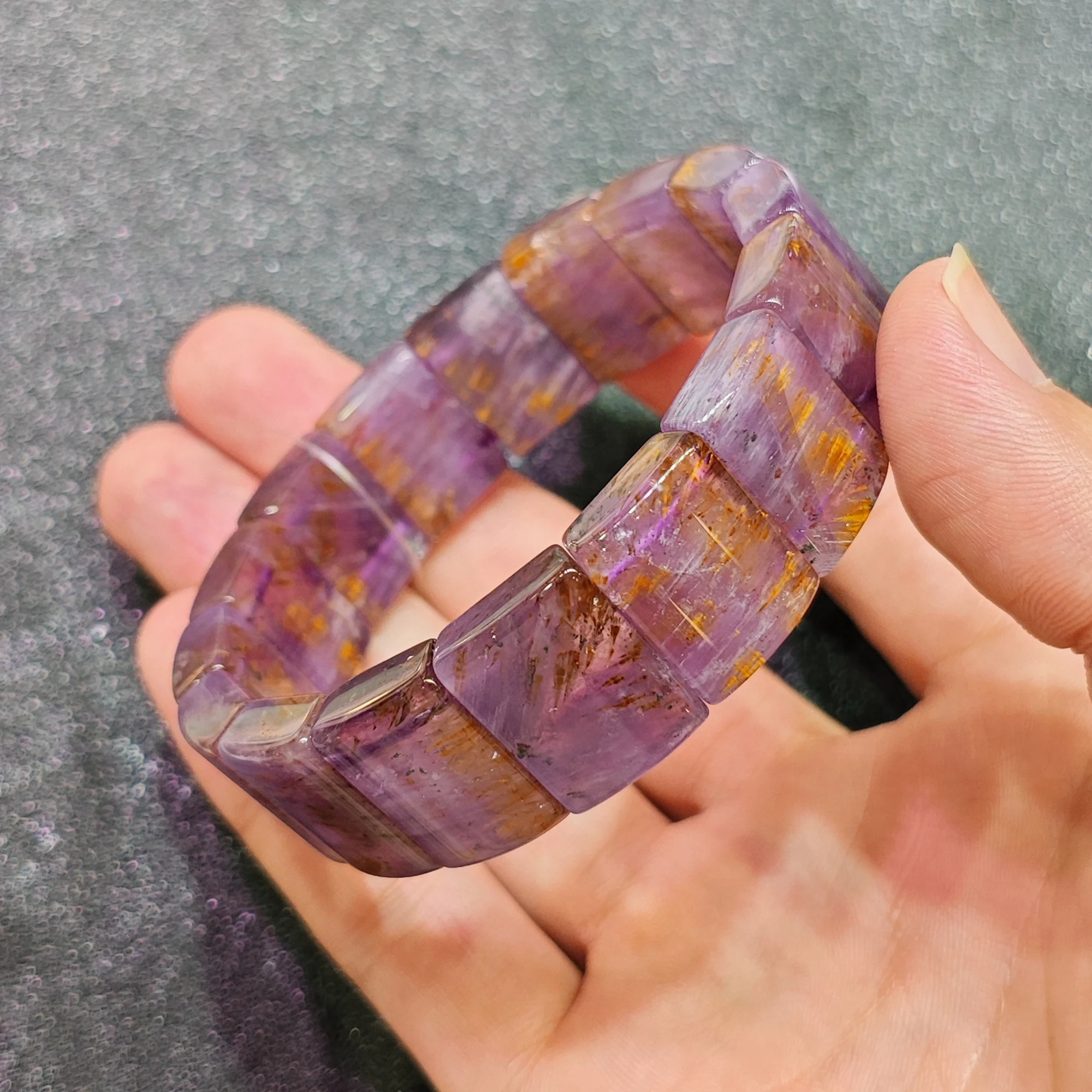 Natural Super Seven Gemstone Slab Segment Bangle Bracelet Amethyst Cacoxenite Tile Strand Wholesale Crystal Hand Jewelry