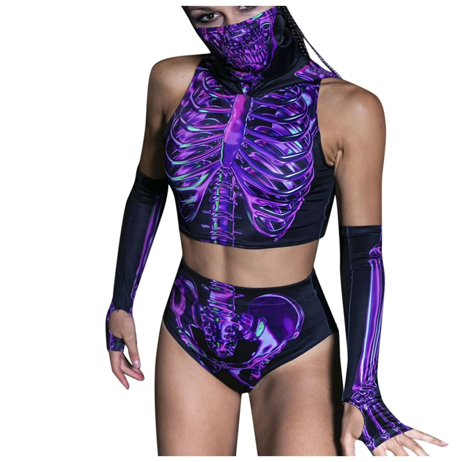 Y2K Hip Hop Fairy Grunge High Waist Tube Turtleneck Tank E Girl Cosplay Devil Hooded Gloves Corset Goth Purple Vest Set