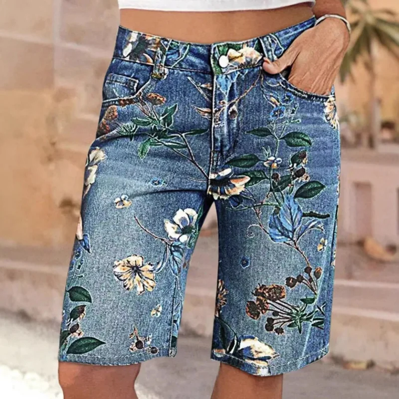 Summer 2026 Floral Printed Cowboy mid Pants High Waist Skinny Wide Leg Five Part Trousers for Women