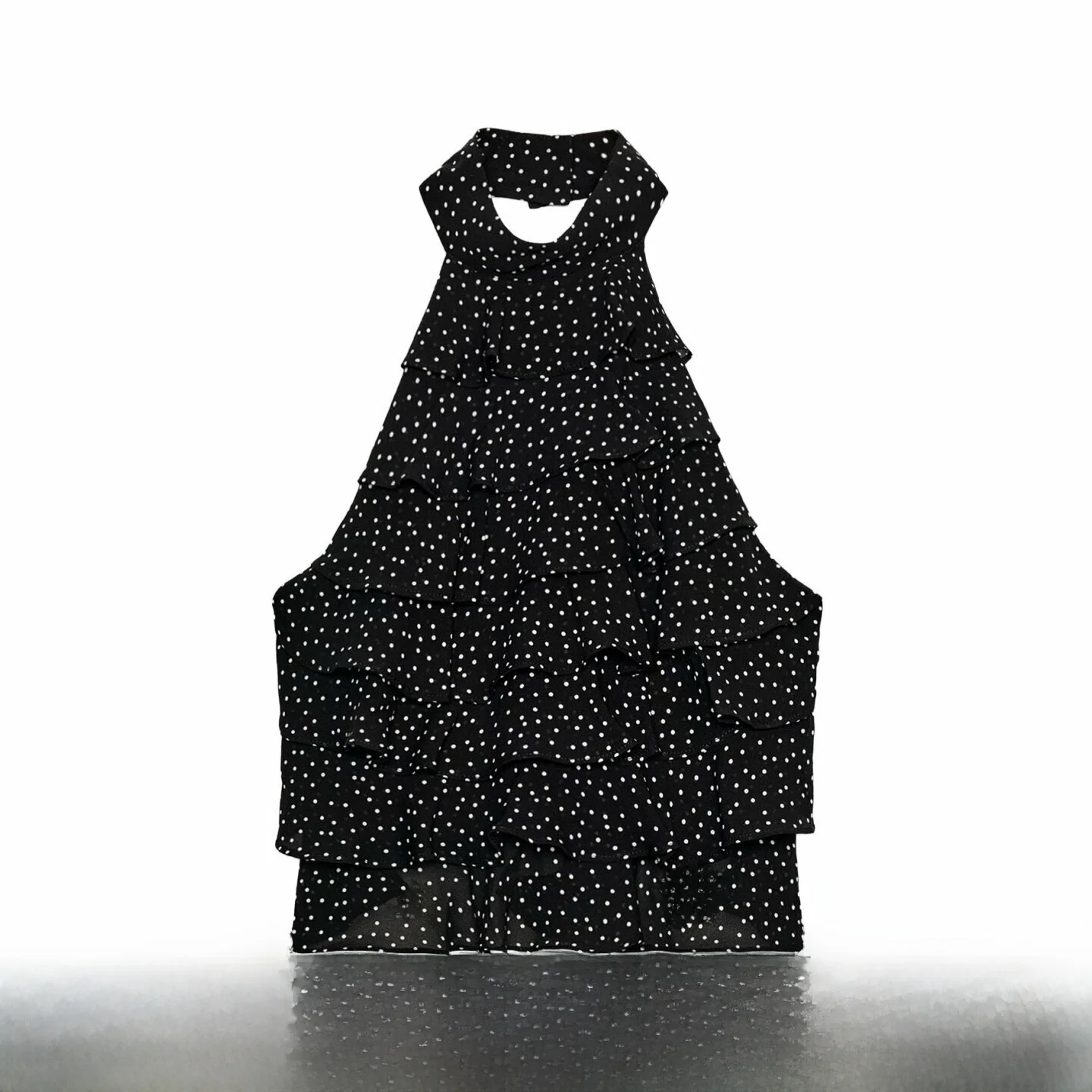 Early Autumn Women's  Knot Tie Back Spotted Georgette Collar Hanging Neck Layered Decoration Top Belted Style Short ...