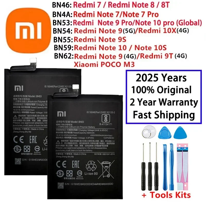 

2025 Years 100% Original BN62 BN53 BN59 Battery For Xiaomi Redmi Note 7 8 8T 9 9T 9S 10 10S 10X 4G 5G Pro POCO M3 Batteries