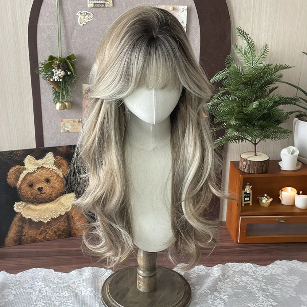Gray Brown Long Curly Synthetic Wigs with Bangs Halloween Daily Party Cosplay Christmas Daily Use Heat Resistant Wig for Women