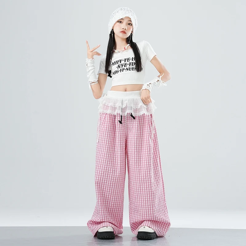 Kinder Hip Hop Kleidung Mädchen Jazz Dance Kostüm Nabel Tops Rosa Karierte Hosen Sommer Straße Tragen Kpop Leistung Anzug BL16234