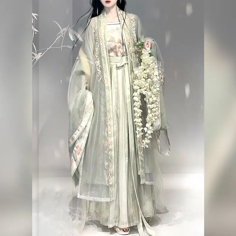 Green embroidered Hanfu Chinese traditional style summer Song style big sleeve shirt pleated gradient women\'s dress set