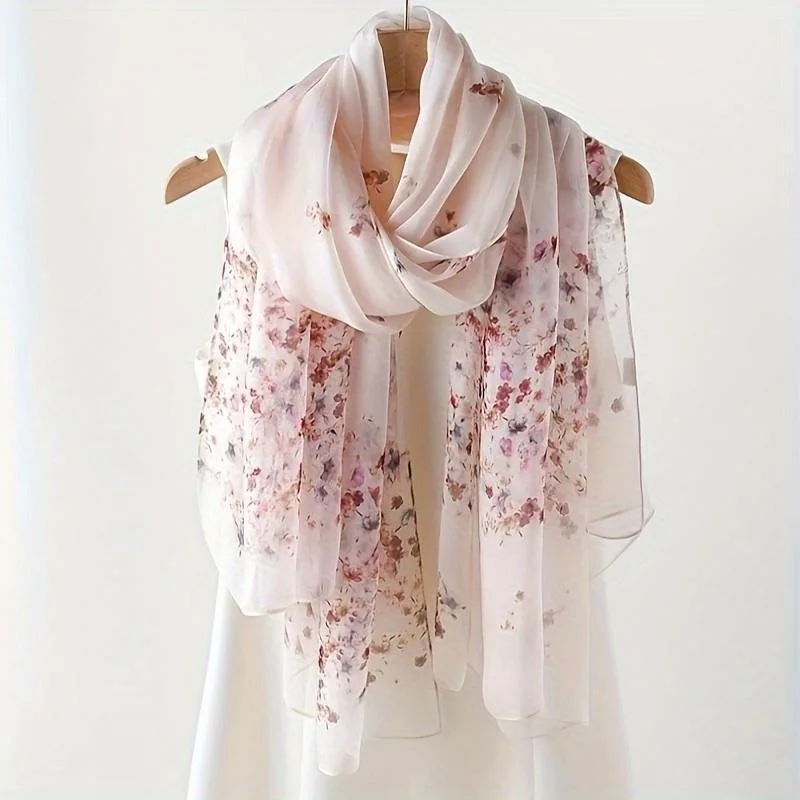 

Lightweight 100% Mulberry Silk Chiffon Scarf for Women Oblong Shawl Neck Scarf Beach Wrap Headscarf Gift Pack Light Pink Floral