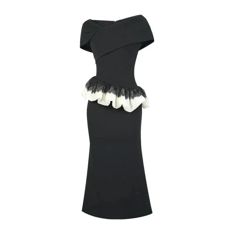 Fashion Women Black Dress Short Sleeve Lace Splicing Lotus Leaf Edge Female Summer Party Dresses New P15N