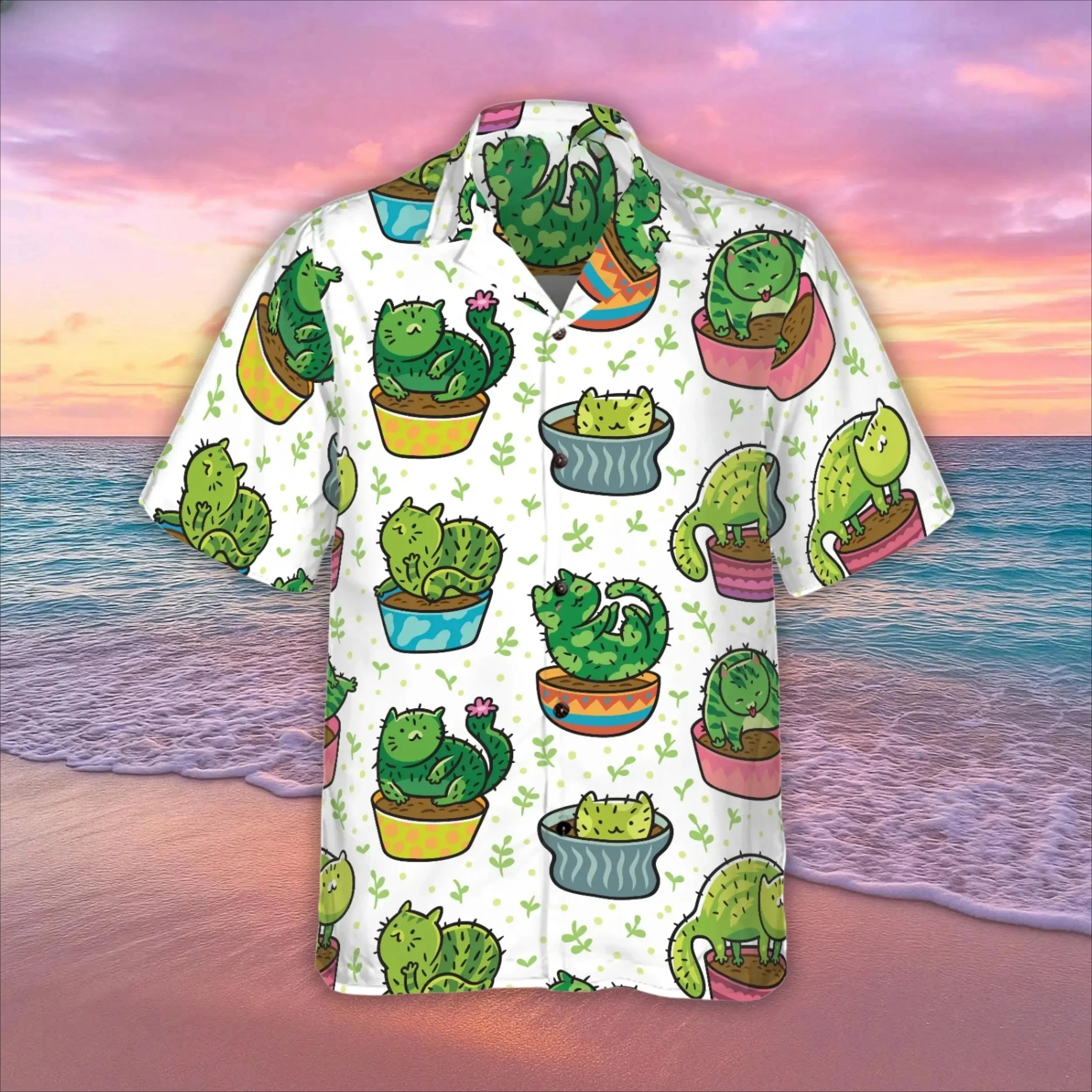

Гавайские рубашки с кактусами и кошками, милый летний праздничный наряд для мужчин и женщин, рубашка на пуговицах для любителей кошек, топы для пляжного отдыха