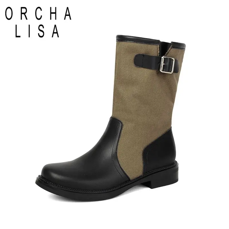 ORCHA LISA Apricot Women's Mid Calf Boots Round Toe 3cm Low Heel Slip On Mixed Color Splicing Plus Size 41 42 43 Vintage Botas