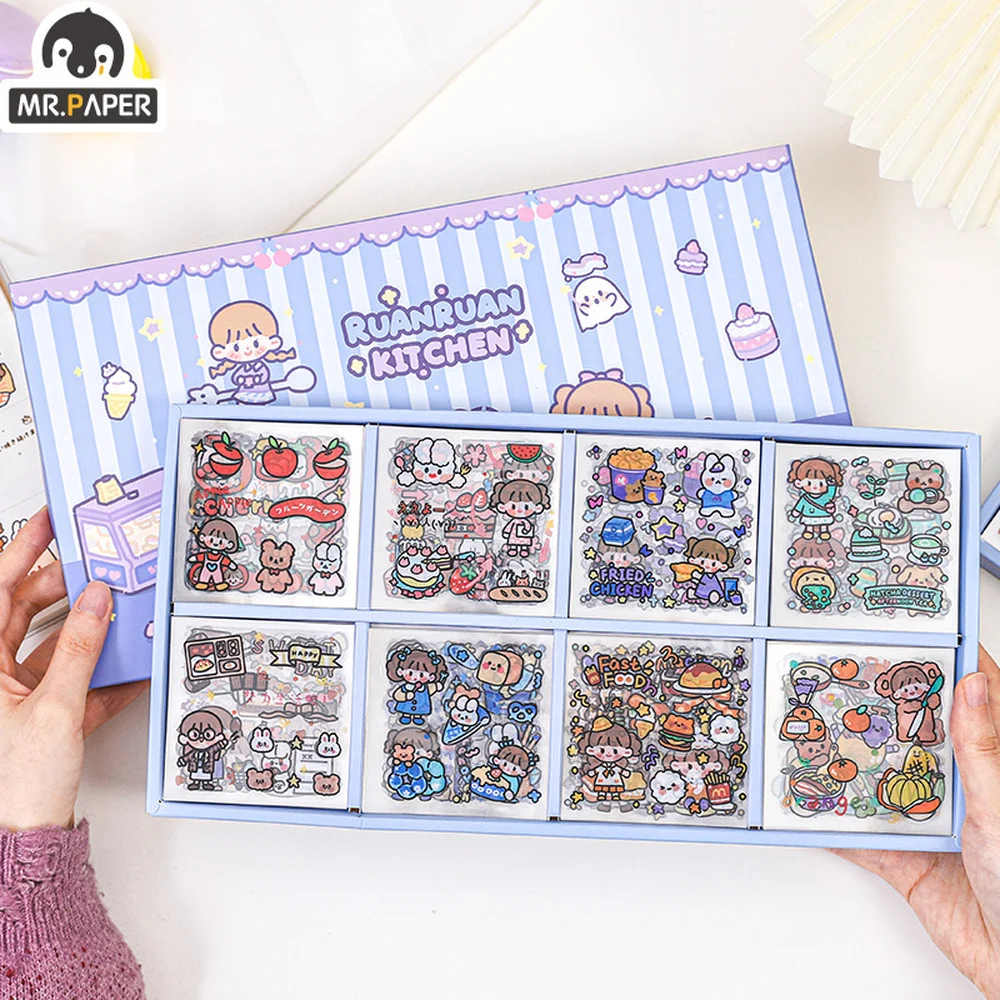 Mr.paper 200 Pcs/Box Cute Cartoon PVC Sticker Gift Box Kawaii Girl Heart Hand Account Decoration Stickers Kids Stickers