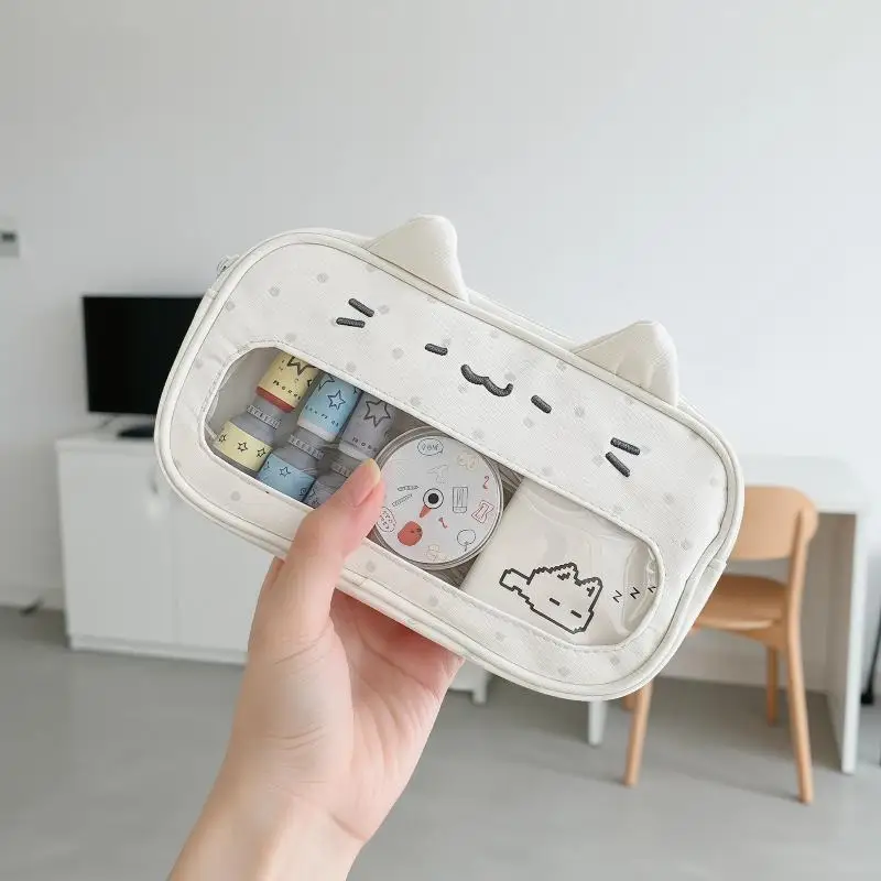 New Cute Wave Point Kitten Stationery Bag With Clear Window Large Capacity Pencil Case Portable Stationery Organizer Makeup Bag