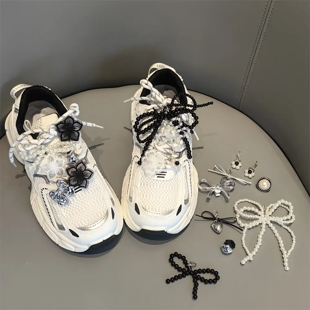1PCS Kristall Blume Schwarz Weiß Farbe Fee Bogen Schnürsenkel Schnalle Ballett Spitze Perle Schuhe Charme Schnalle Schnürsenkel Dekoration