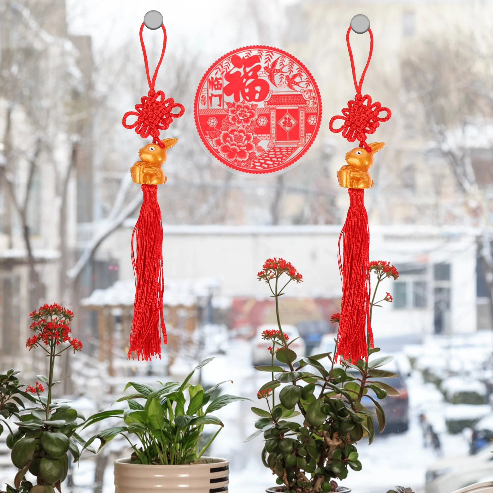 Pendentif pompon avec nœud de lapin chinois, 4 pièces, décor suspendu pour nouvel an, fournitures de Festival, porte murale, ornement intérieur, pendentif du nouvel an