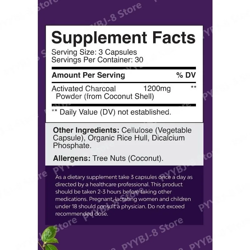 Activated Charcoal Capsule 1200mg From Coconut Shell Support Digestive Health and Assist in Detoxification of The Body 60 Count