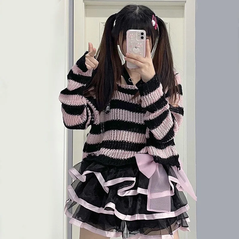 Y2K Pink Striped Gothic Sweaters Women Ripped Holes Loose Knitted Pullover Frayed Fairy Grunge Jumpers Emo Streetwear Lolita